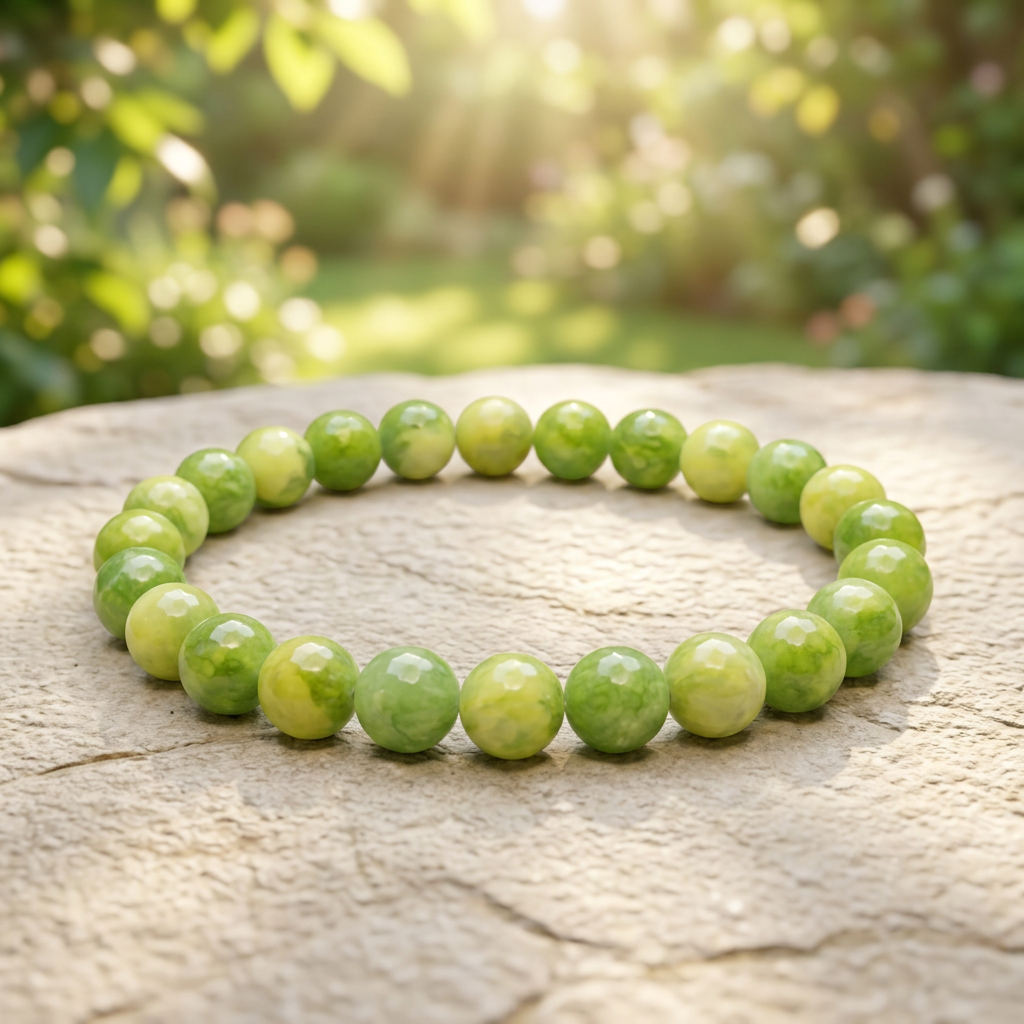 Green Jade 6mm bracelet in a sunny garden