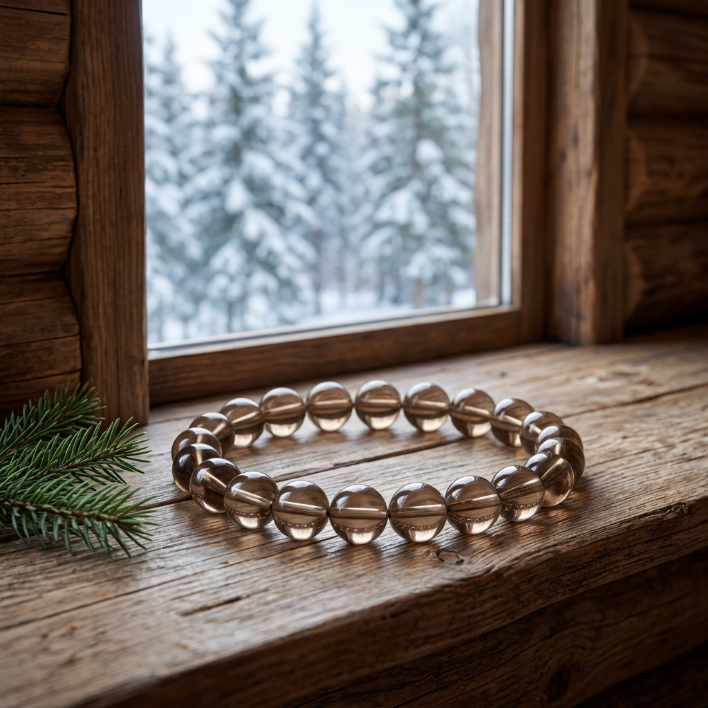 Smoky quartz bracelet on a wooden cabin windowsill overlooking snowy pine trees