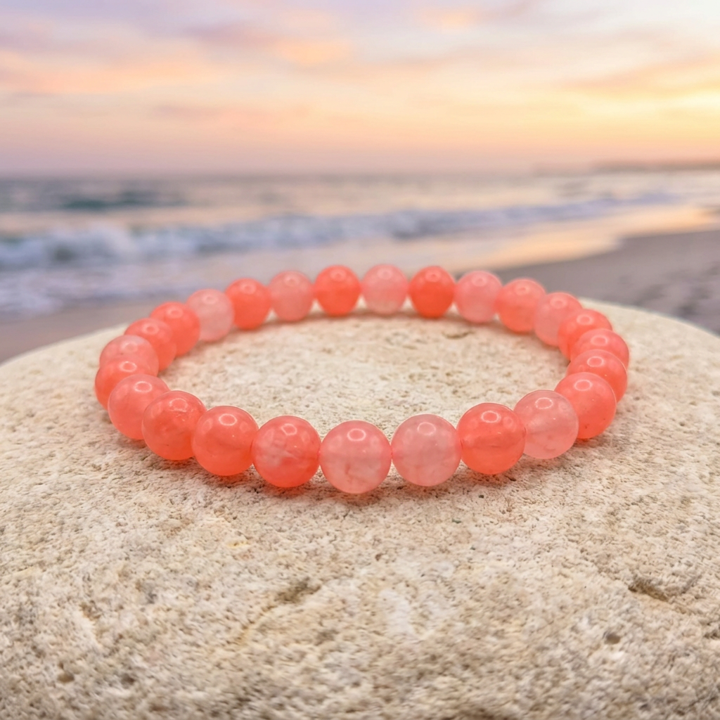 Pink Jade bracelet with pastel ocean sunset