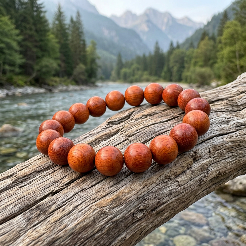 Wooden 12mm bracelet beside a mountain river