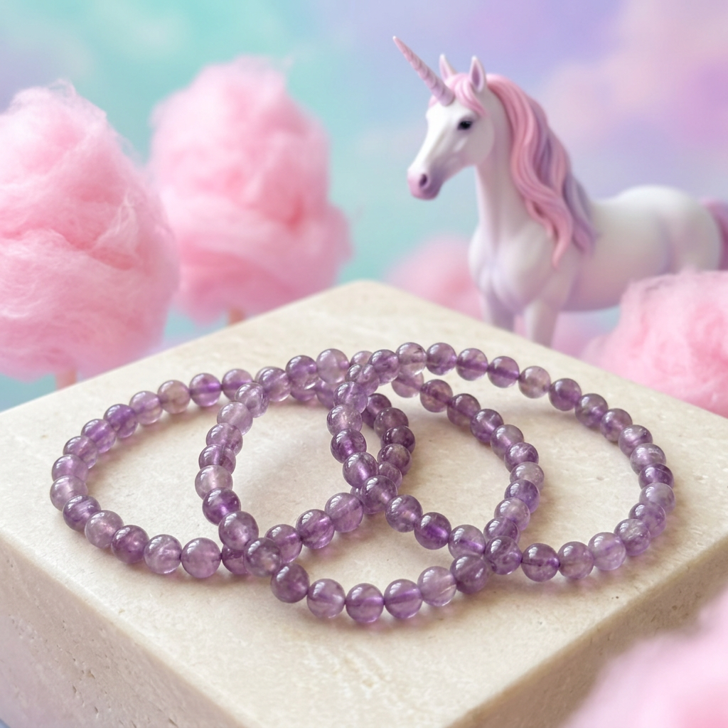 Three Amethyst bracelets with pink cotton candy and a unicorn
