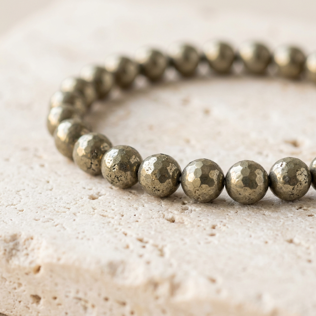 Close-up of Pyrite bracelet on pale stone