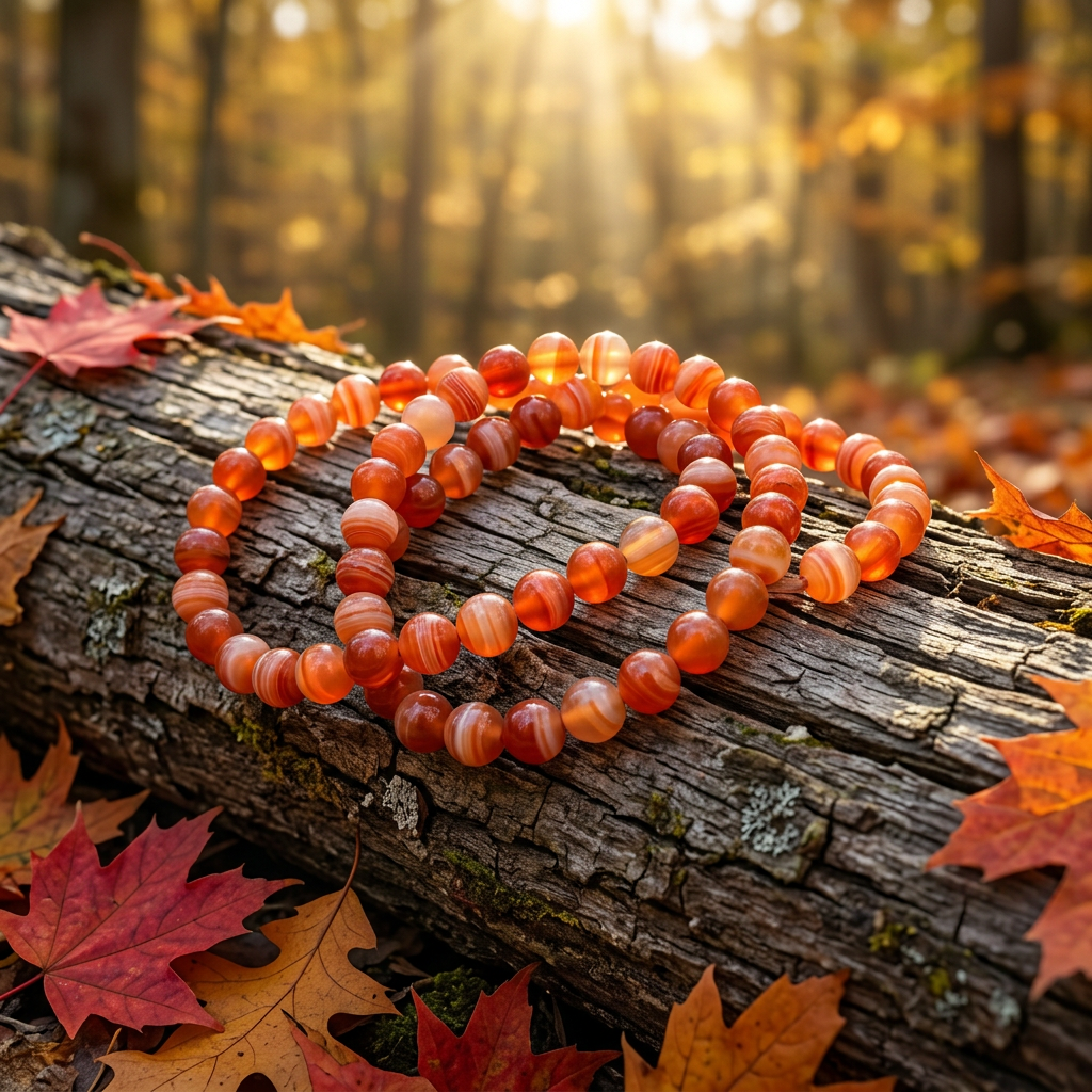 Sardonyx bracelets on a log surrounded by autumn maple leaves