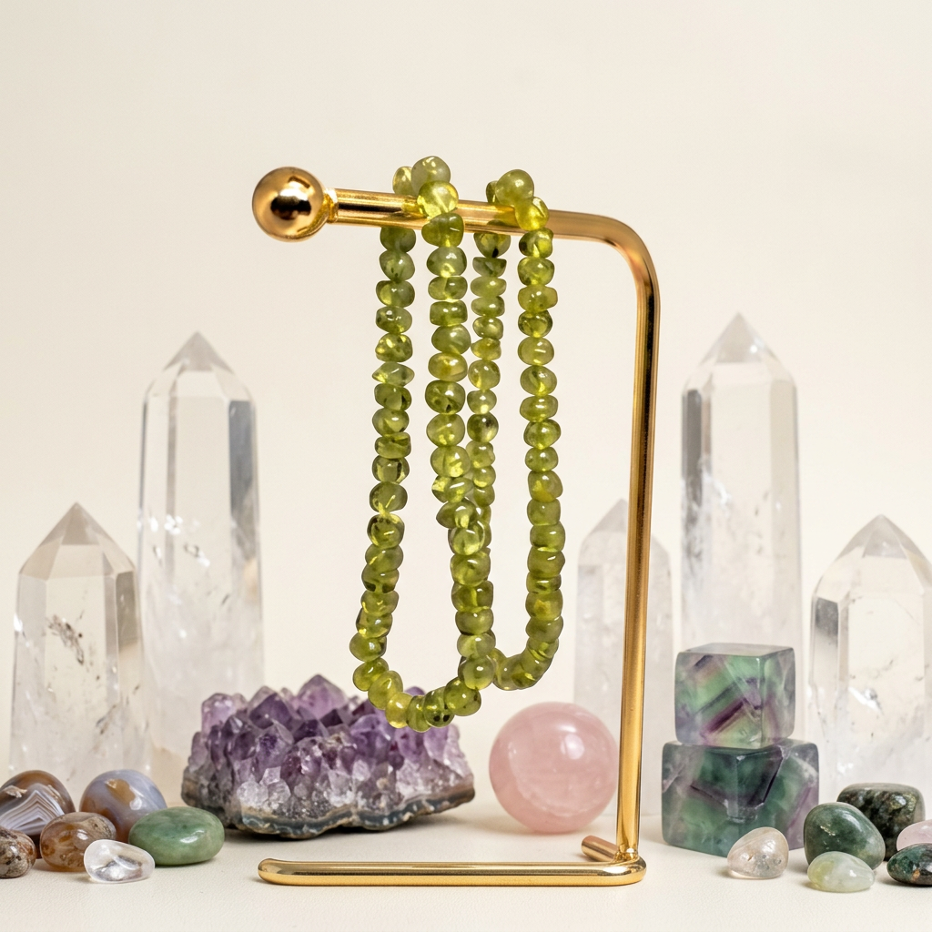 Peridot bracelets surrounded by crystals in varied shapes and sizes