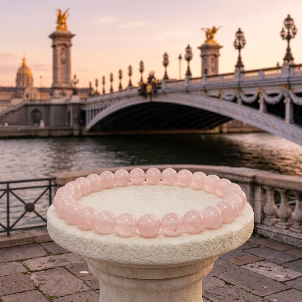 Rose quartz bracelet overlooking the Seine and an ornate Paris bridge