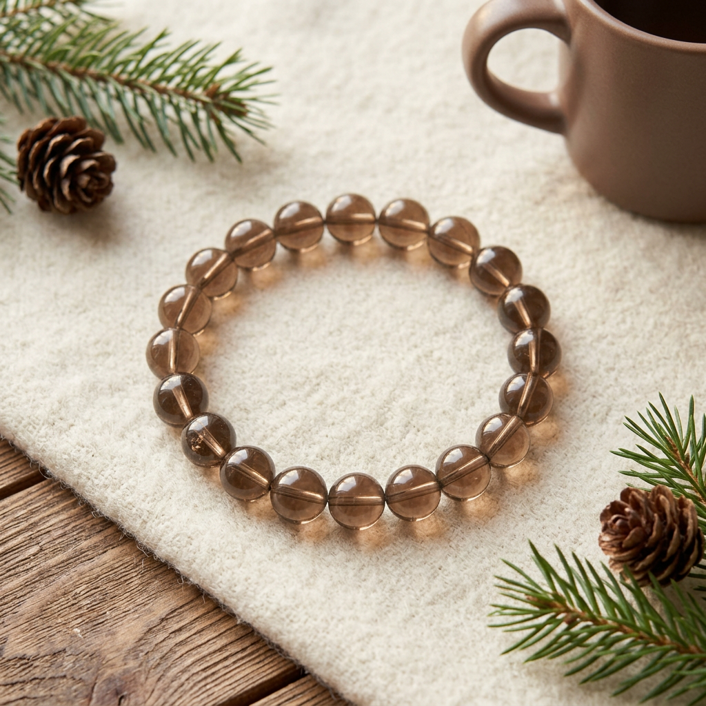 Smoky quartz bracelet styled on cream wool and a wooden cabin table with evergreen accents
