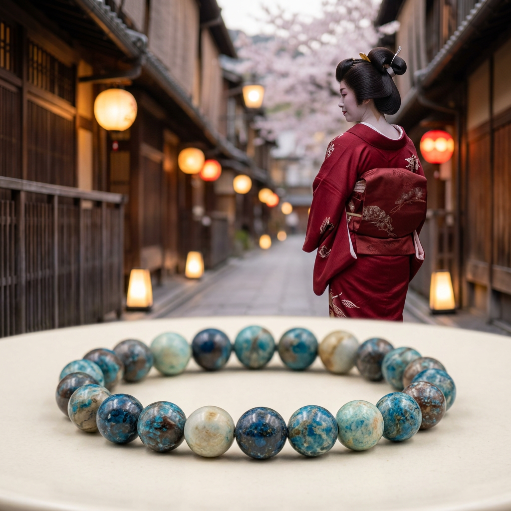 Starry Jasper bracelet with a geisha in a red kimono on a lantern-lit street