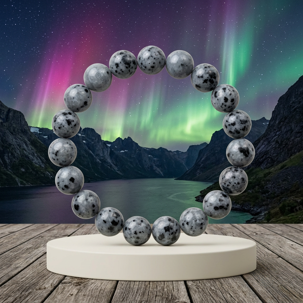 Grey bracelet with black spots with mountains beneath northern lights