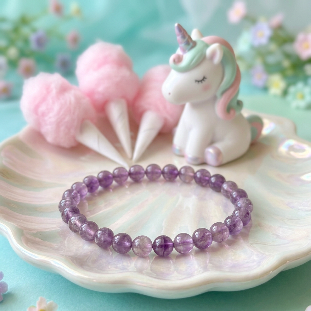 Amethyst bracelet in a cotton candy garden with a unicorn