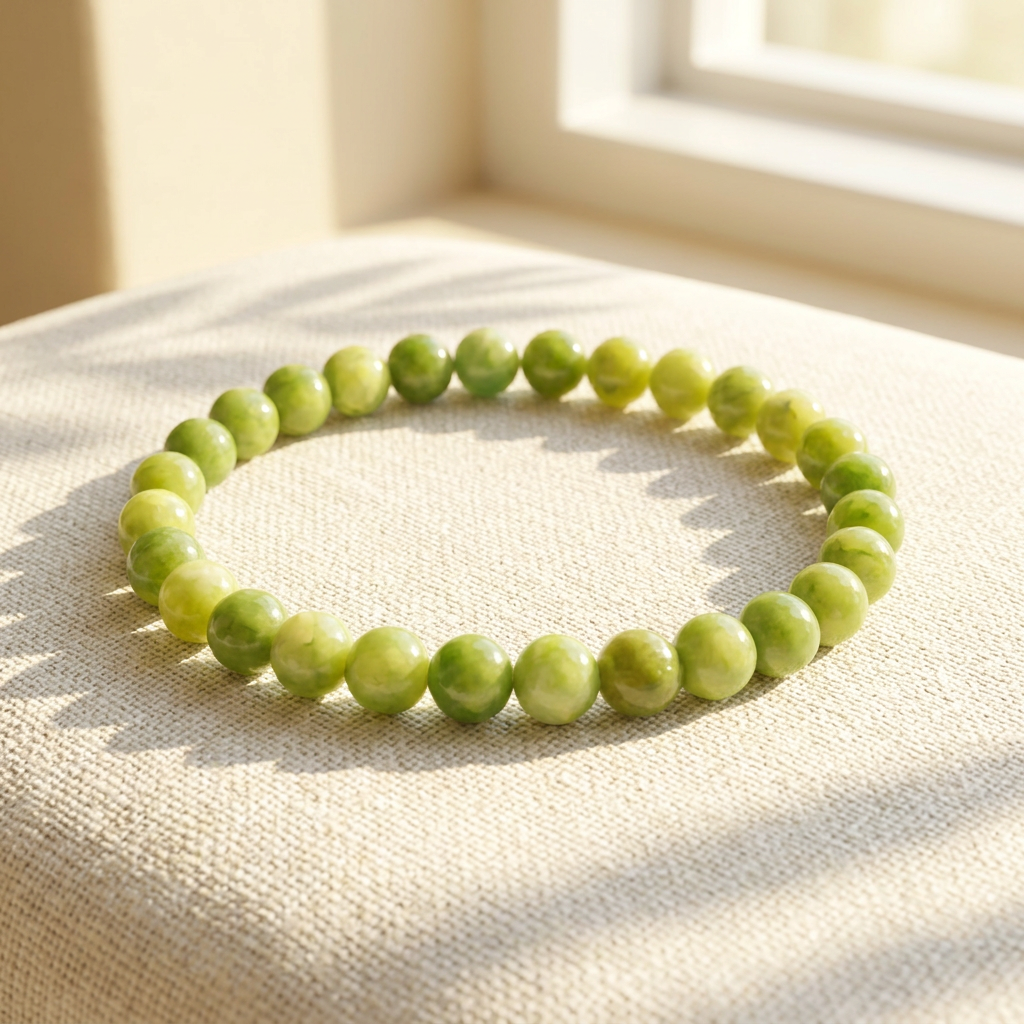 Green Jade 6mm bracelet in warm morning sunlight