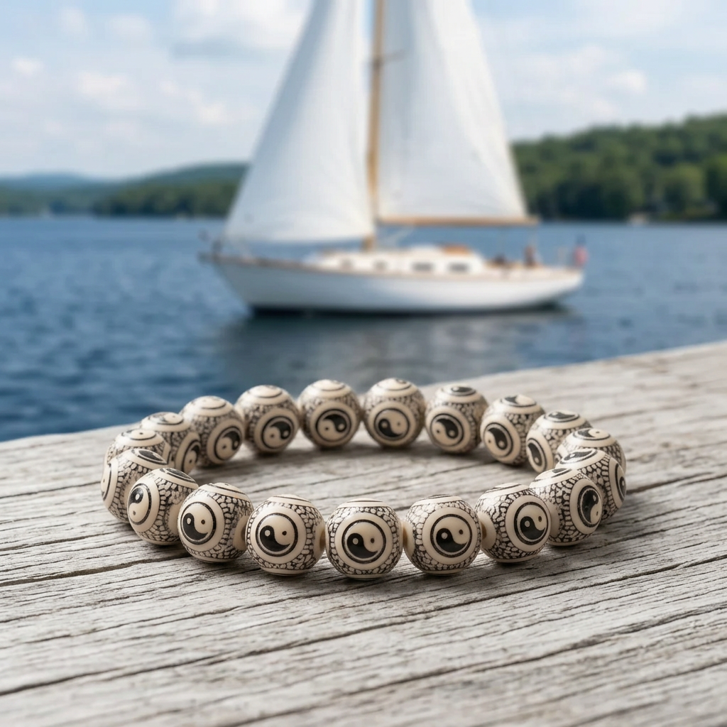 Balance bracelet with sailboat on a calm blue lake
