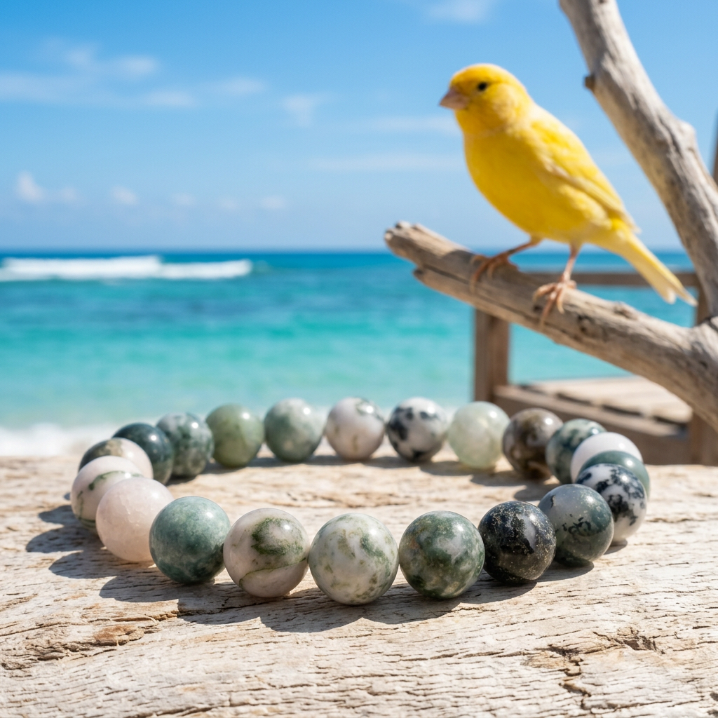 Bracelet on weathered wood by a sunny beach with a yellow canary