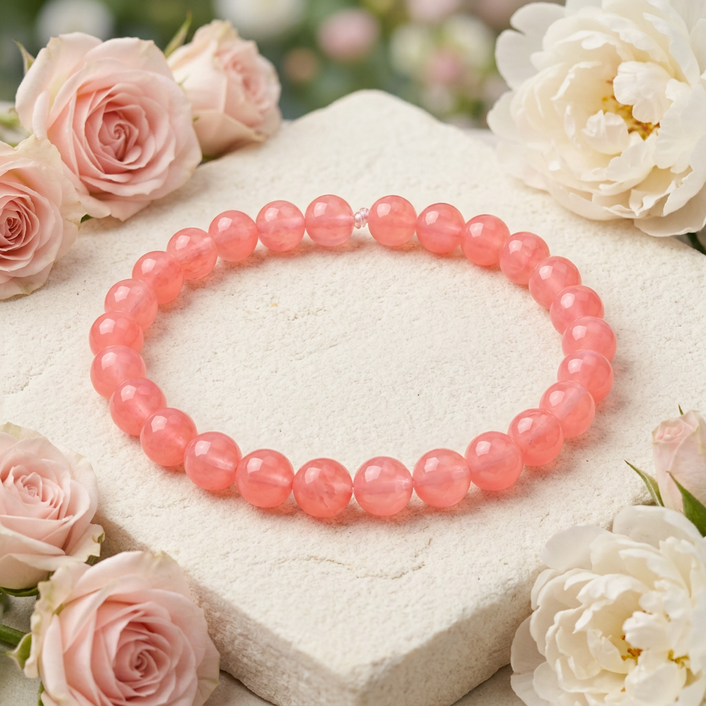 Pink Jade bracelet with roses and cream peonies
