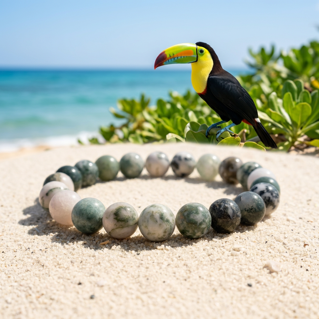 Bracelet on tropical beach sand with a colourful toucan