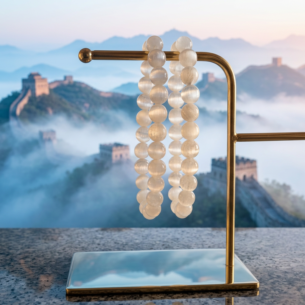 Selenite bracelets with the Great Wall of China in mountain mist