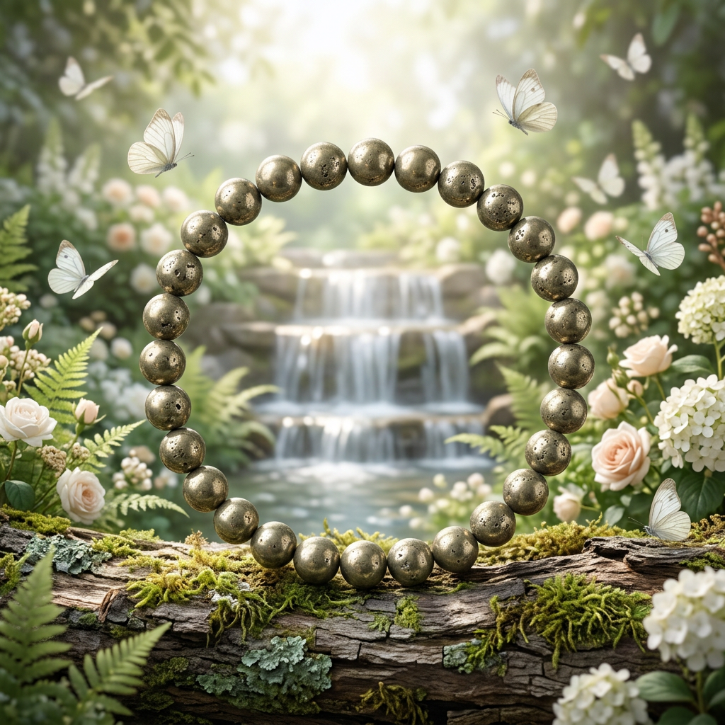 Pyrite bracelet with a flower garden waterfall and white butterflies