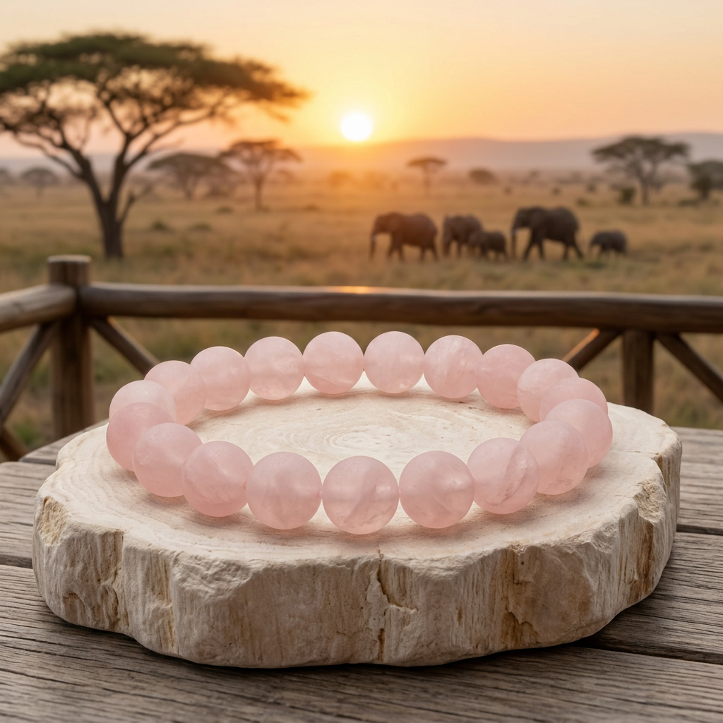 Matte rose quartz bracelet with distant elephants on an African savanna