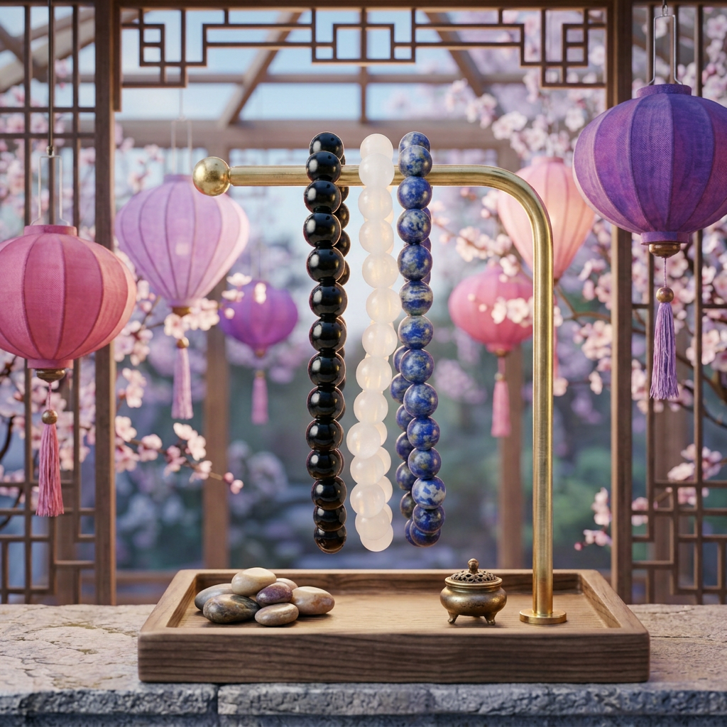 Bracelet set with bright pink and lavender Chinese lanterns