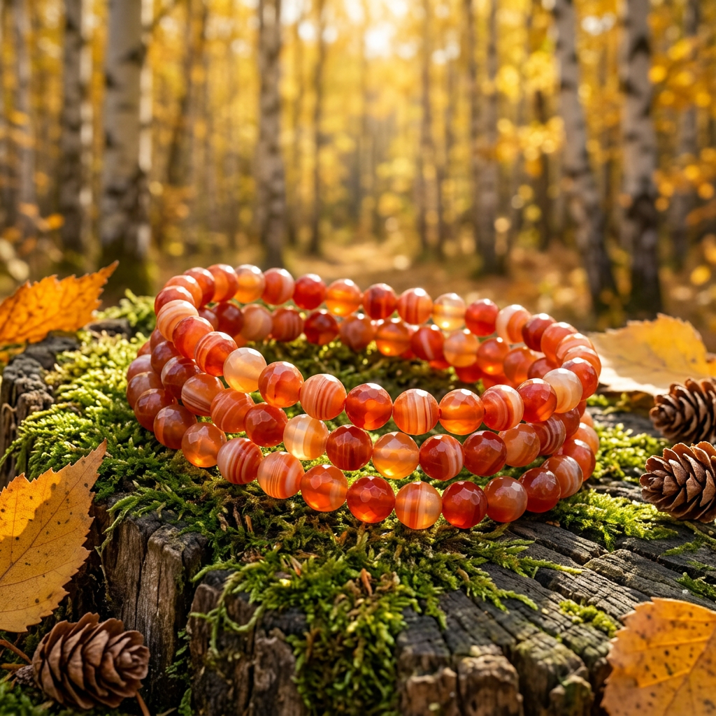 Sardonyx bracelets on a mossy stump in a golden birch forest