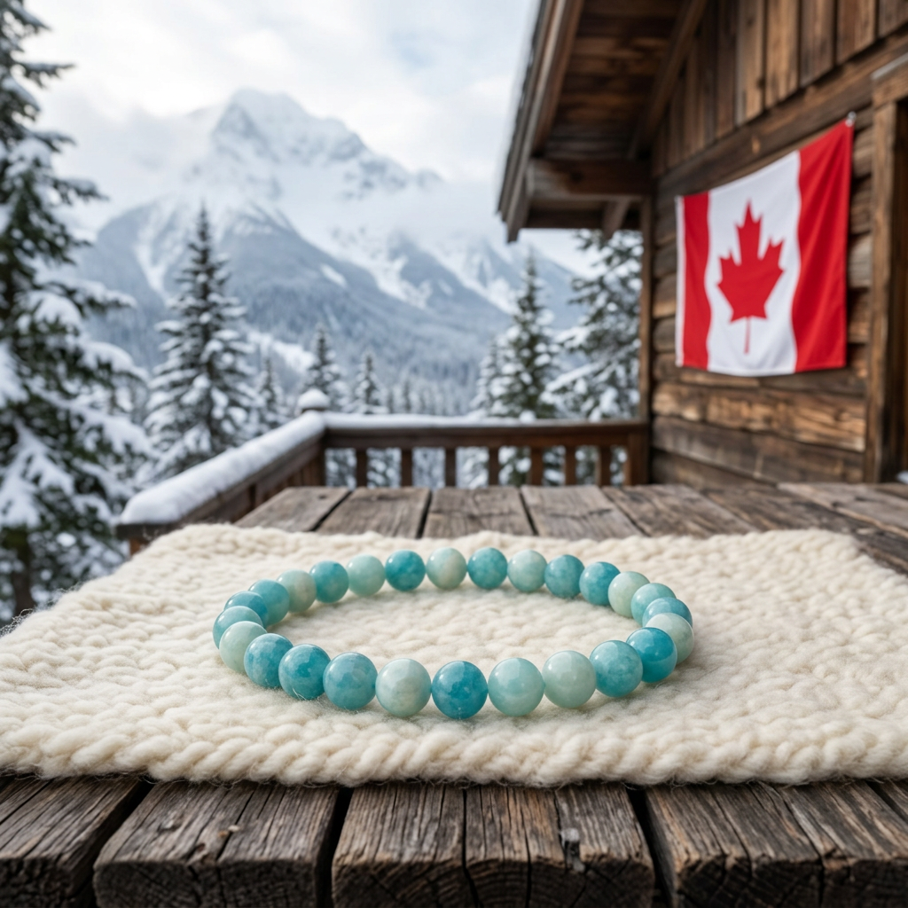 Turquoise jade bracelet on ivory wool with snowy mountains and a Canadian flag