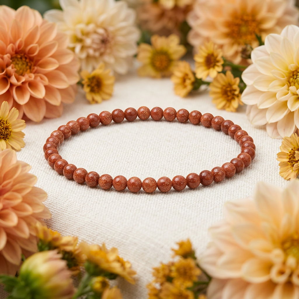 Goldstone 4mm bracelet with peach dahlias and wildflowers