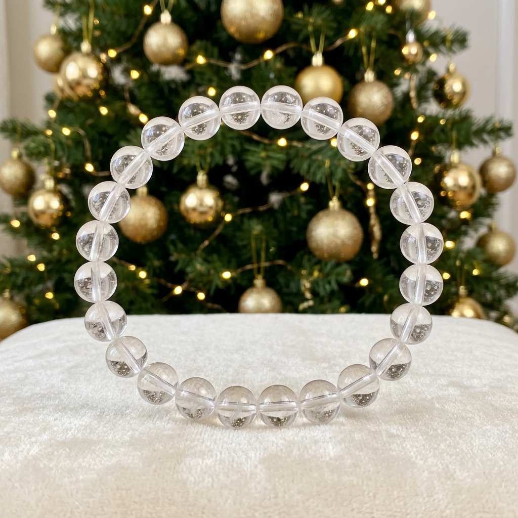 Clear Quartz bracelet on ivory velvet with golden Christmas tree