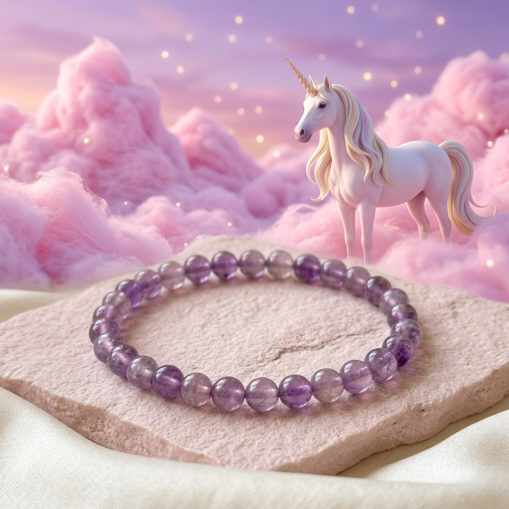 Amethyst bracelet with cotton candy hills and a unicorn at sunset
