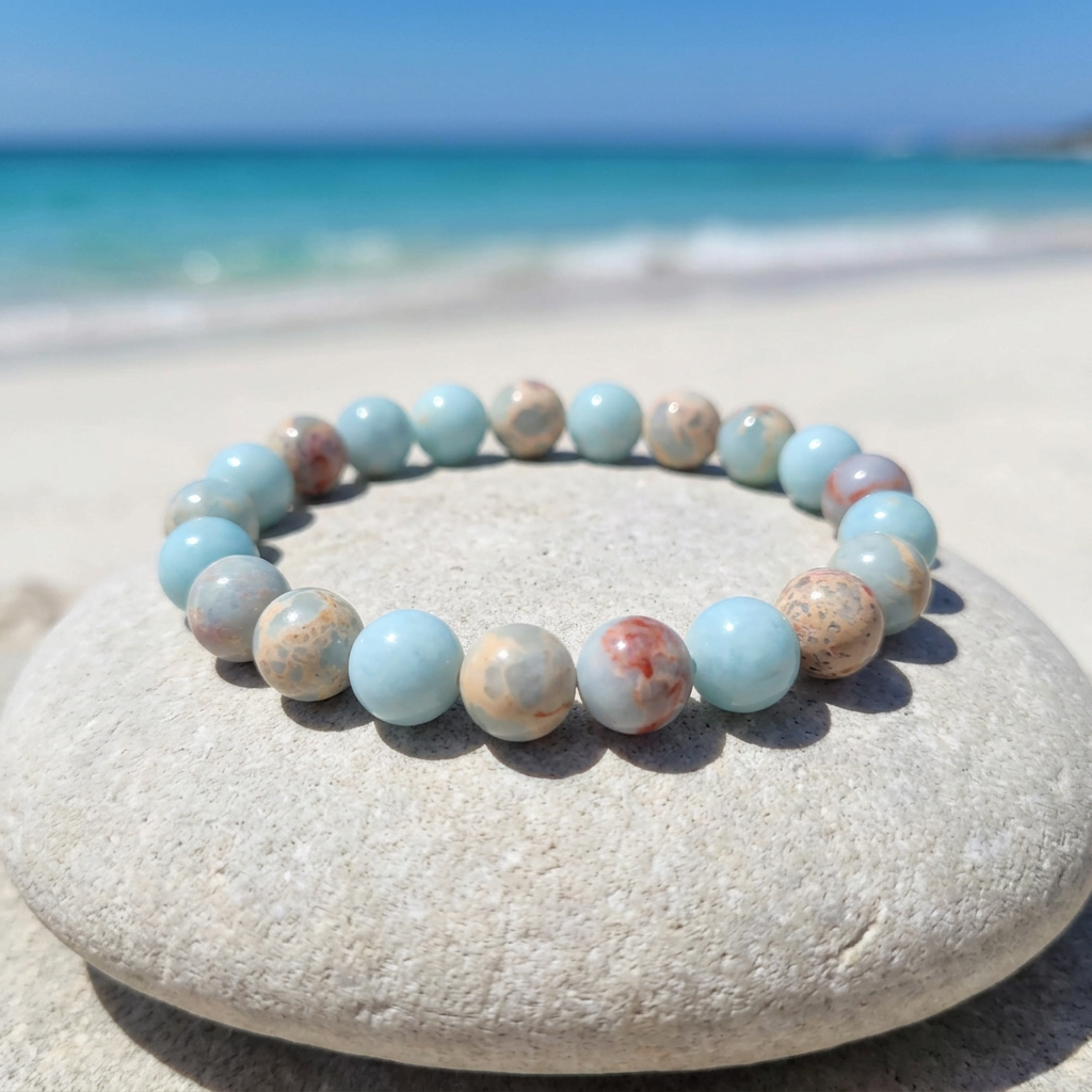 Sea Sediment Jasper bracelet with sunny beach and turquoise water