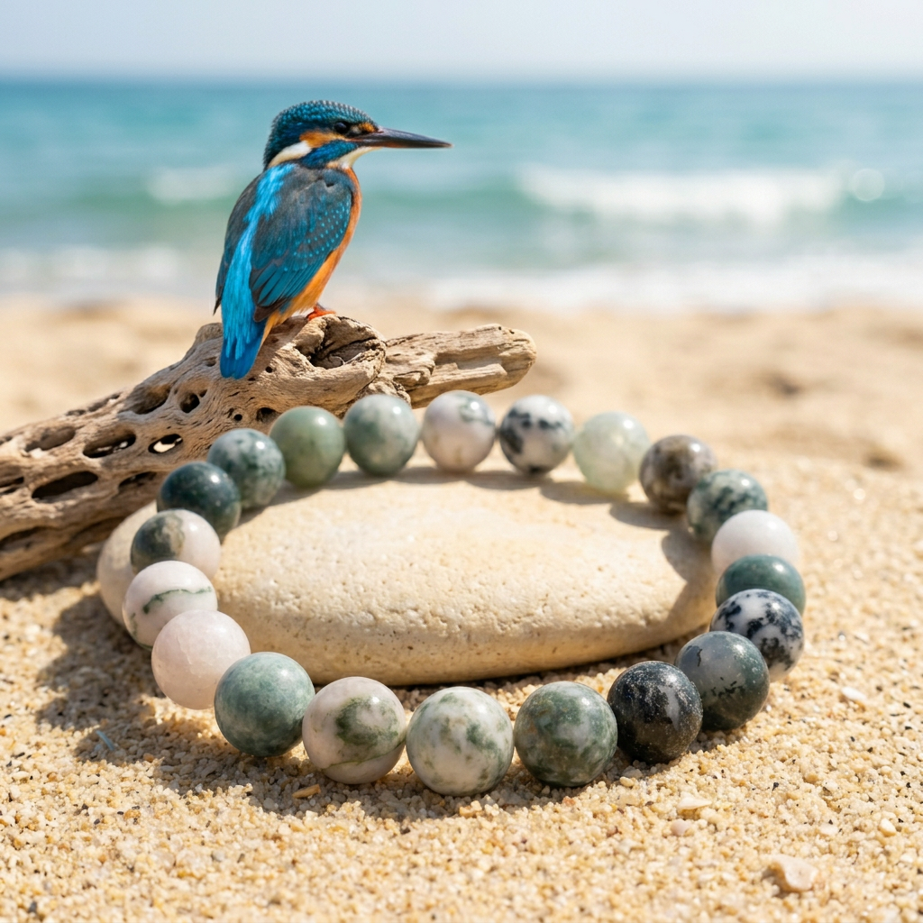 Bracelet beside a sunny beach with a blue kingfisher