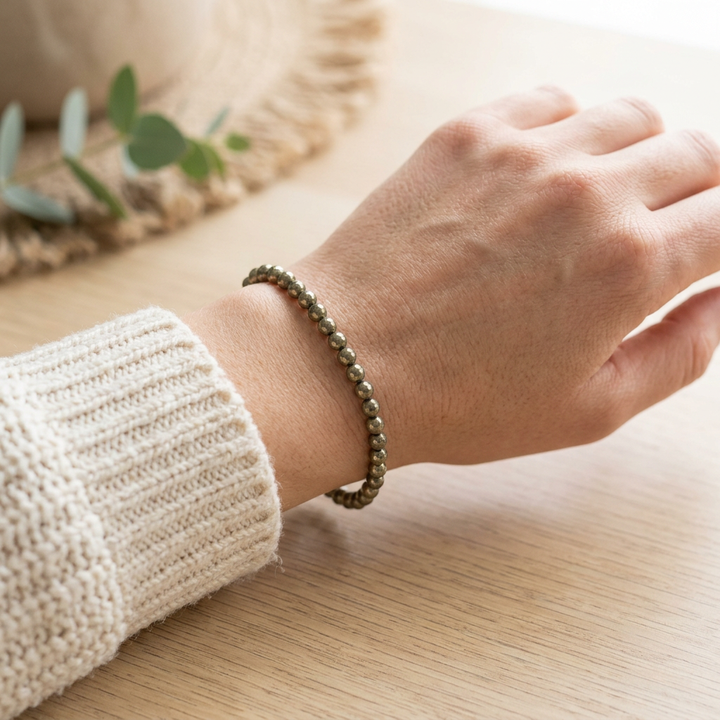 Pyrite bracelet styled on a wrist