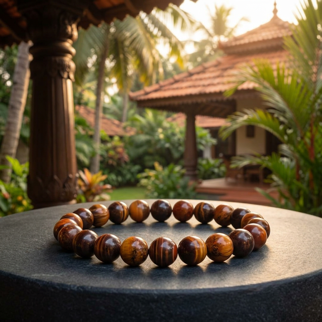 Tiger’s Eye bracelet in a Kerala-inspired tropical veranda setting