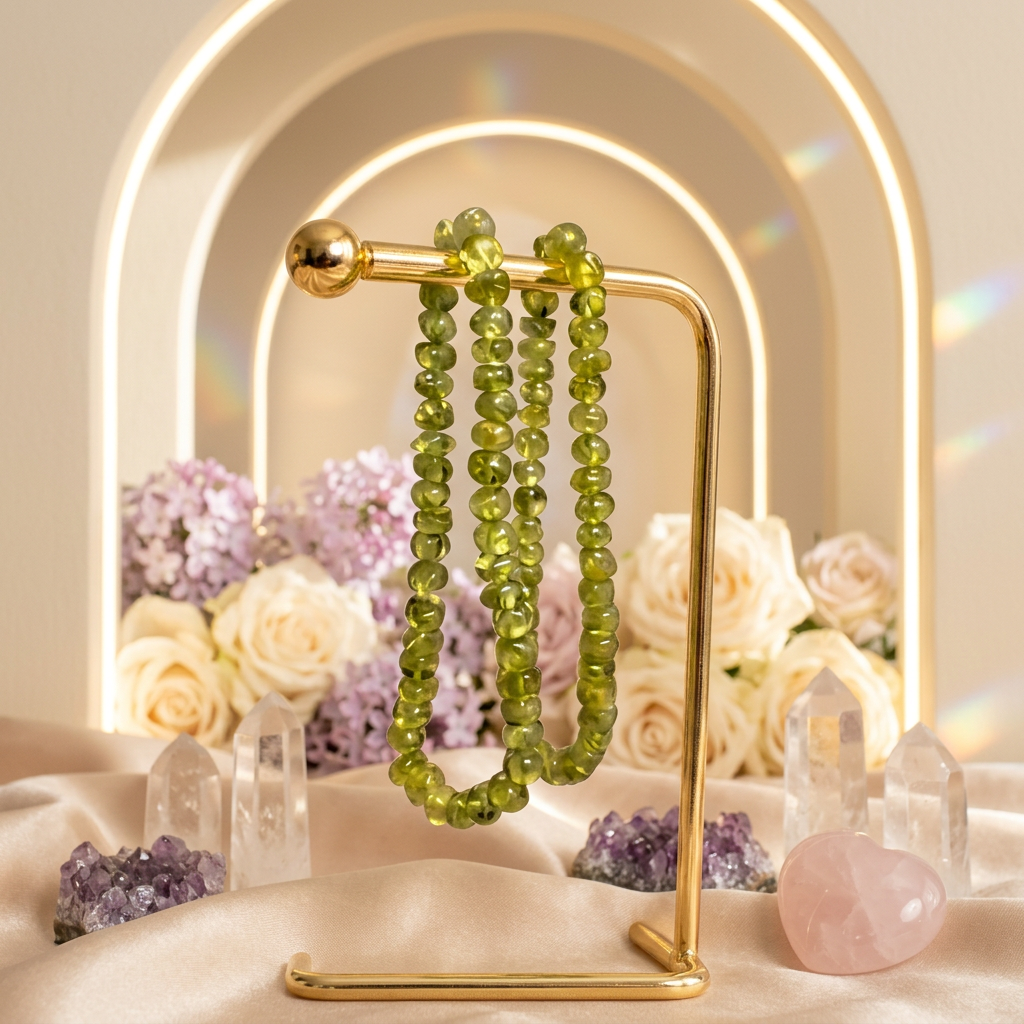 Peridot bracelets with amethyst, quartz and flowers on champagne silk