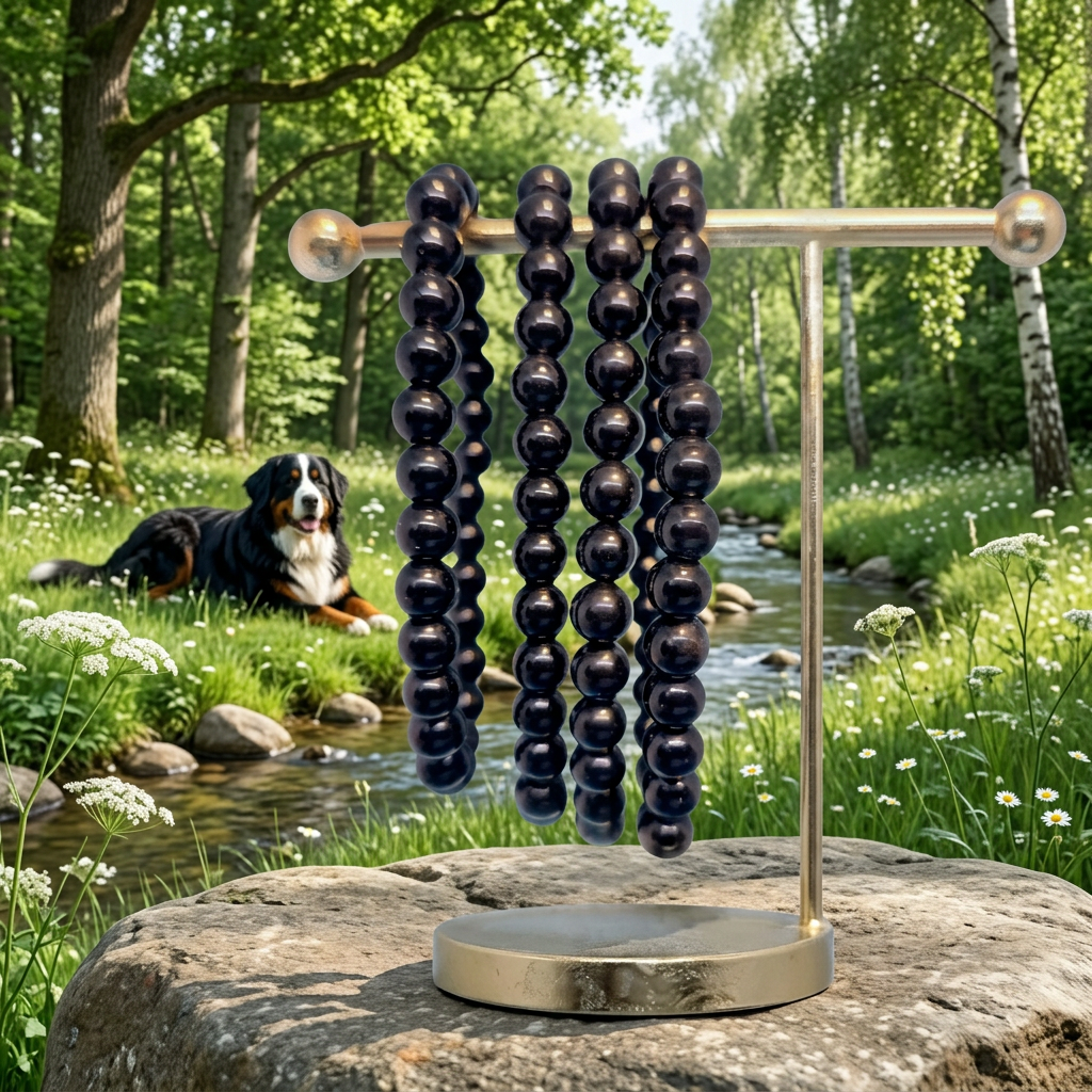 Black Tourmaline bracelets with a Bernese mountain dog beside a woodland stream