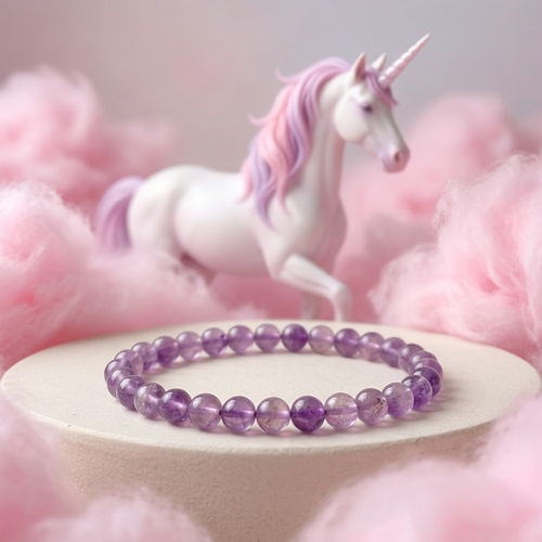 Amethyst bracelet with pink cotton candy and a pastel-maned unicorn