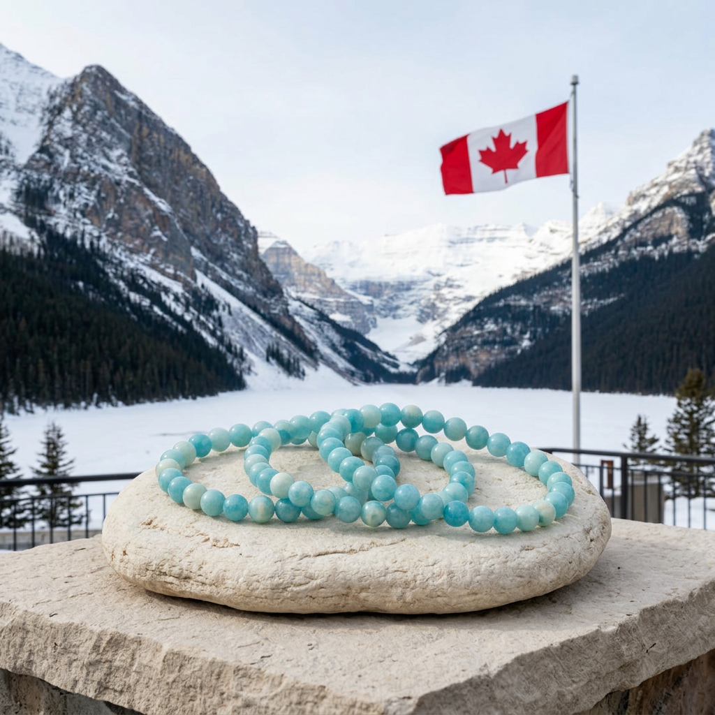 Three turquoise jade bracelets with snowy Canadian mountains and a Canadian flag