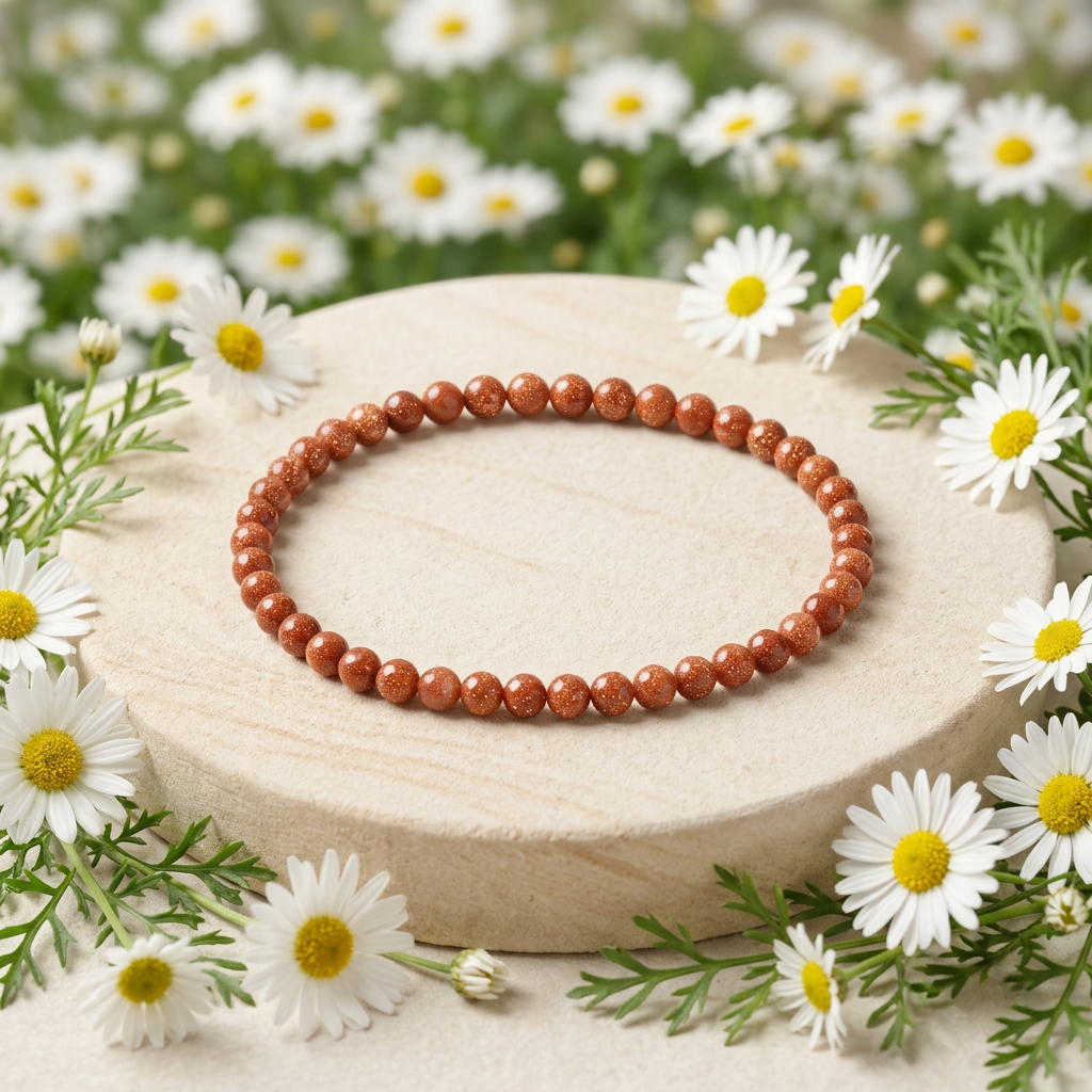Goldstone 4mm bracelet with white daisies