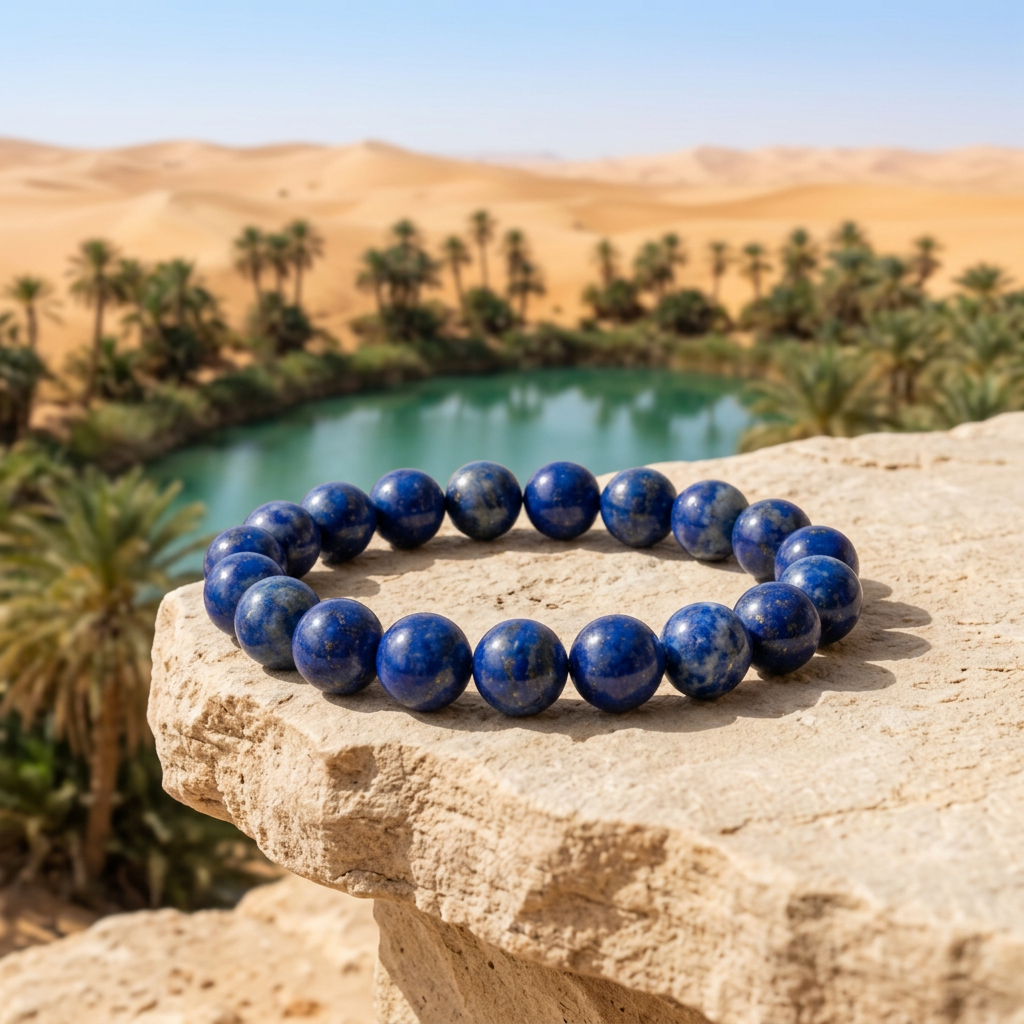 Lapis Lazuli bracelet overlooking a desert oasis