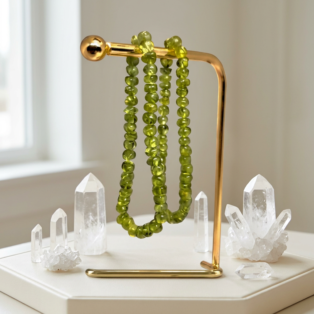 Peridot bracelets with clear quartz points and clusters