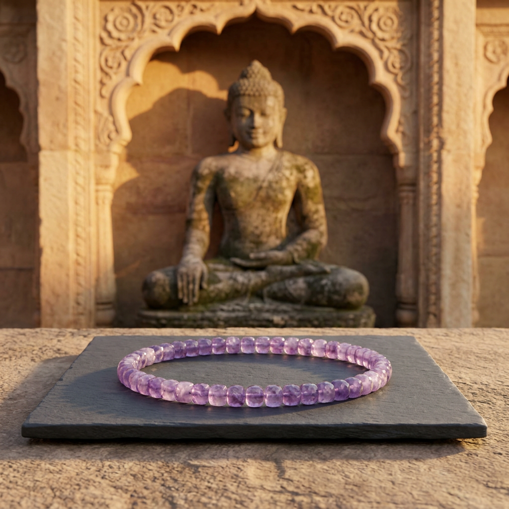Amethyst bracelet with a Buddha statue in a sandstone courtyard at sunset