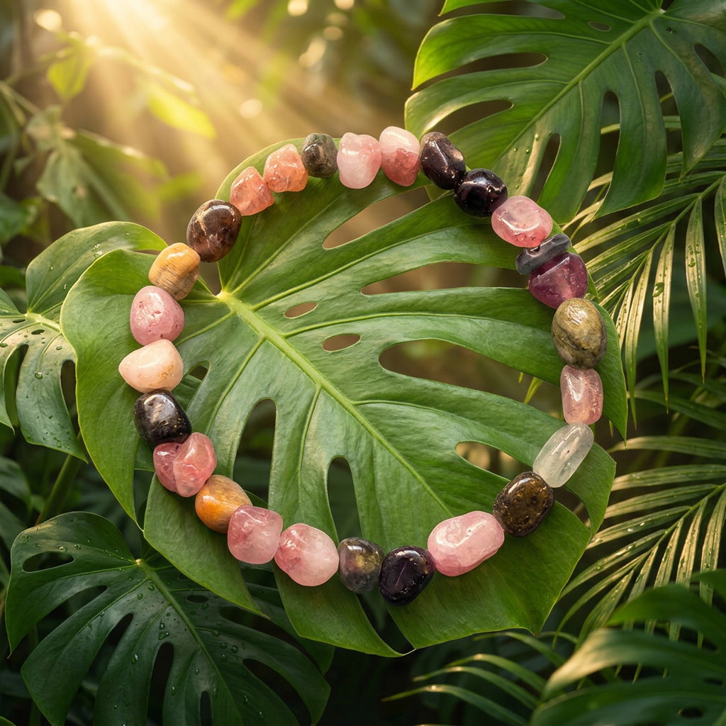 Multicolour tourmaline bracelet on a monstera leaf in a sunlit jungle