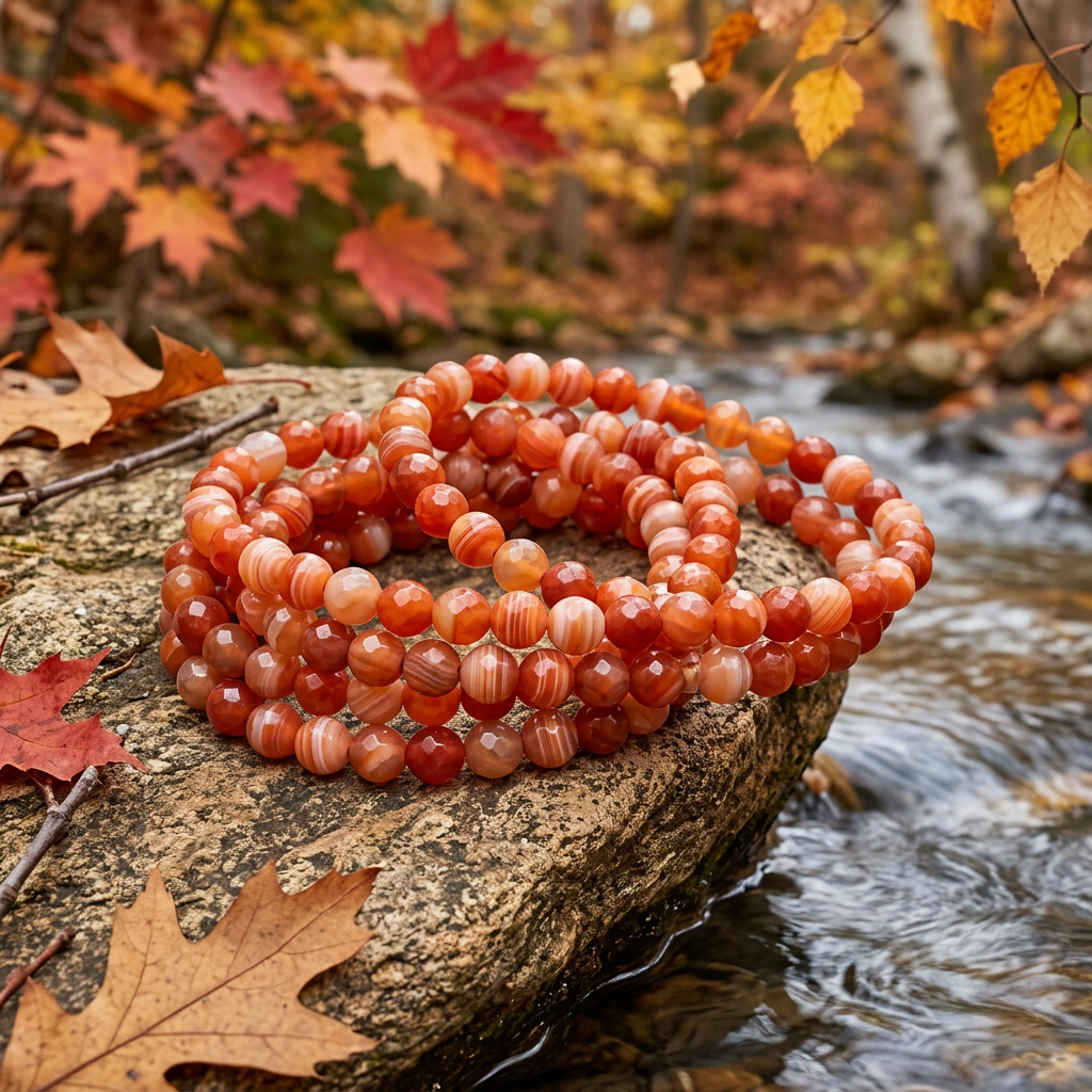 Sardonyx bracelets beside a woodland stream with red and orange autumn foliage