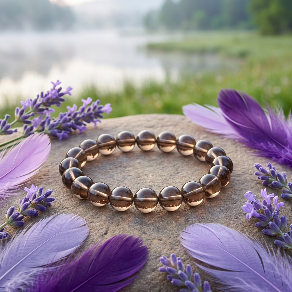 Smoky Quartz bracelet beside a misty lake with lavender and purple feathers