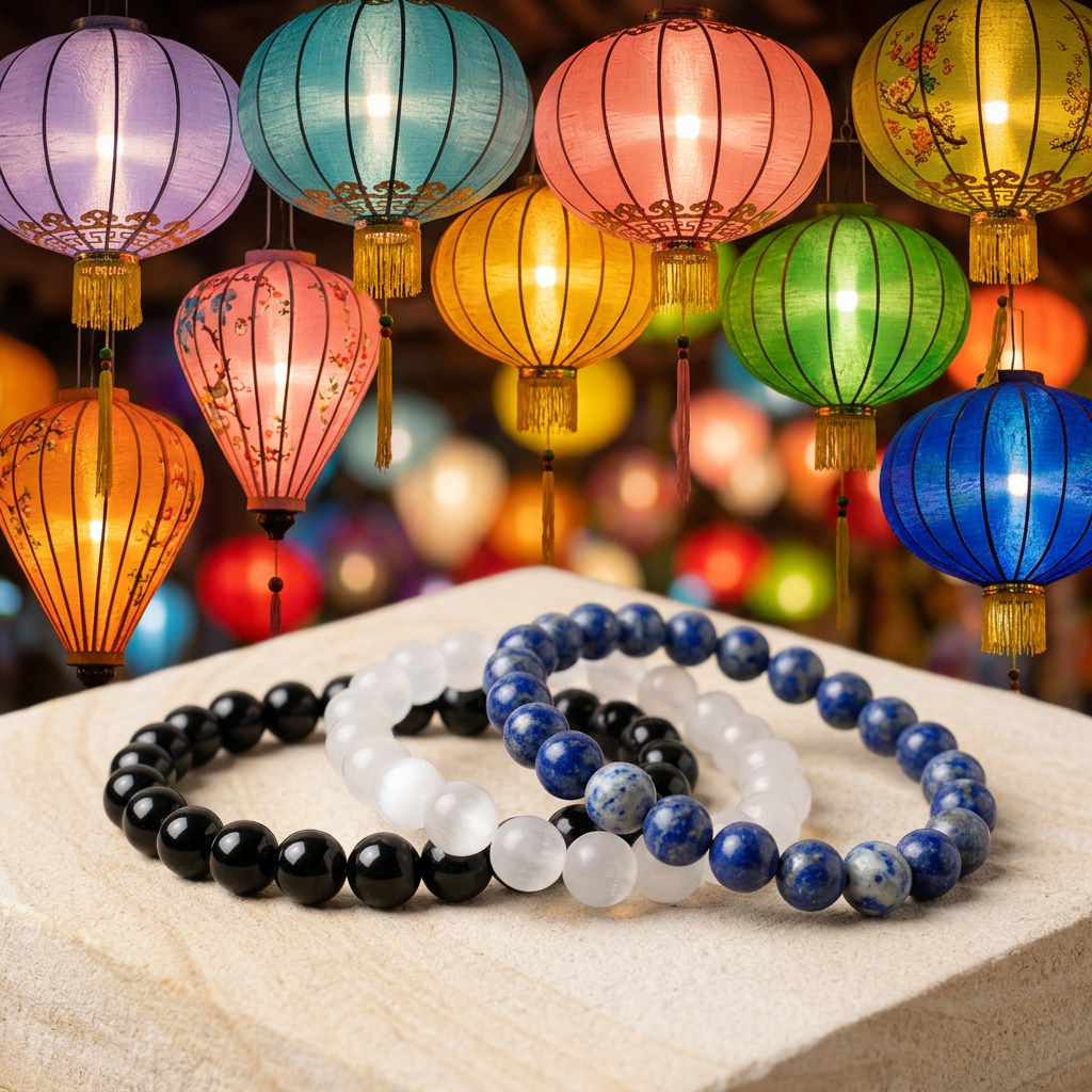Bracelet trio beneath a multicoloured lantern canopy