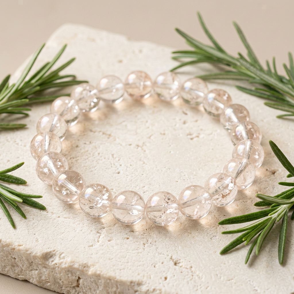 Clear quartz bracelet with rosemary on pale stone