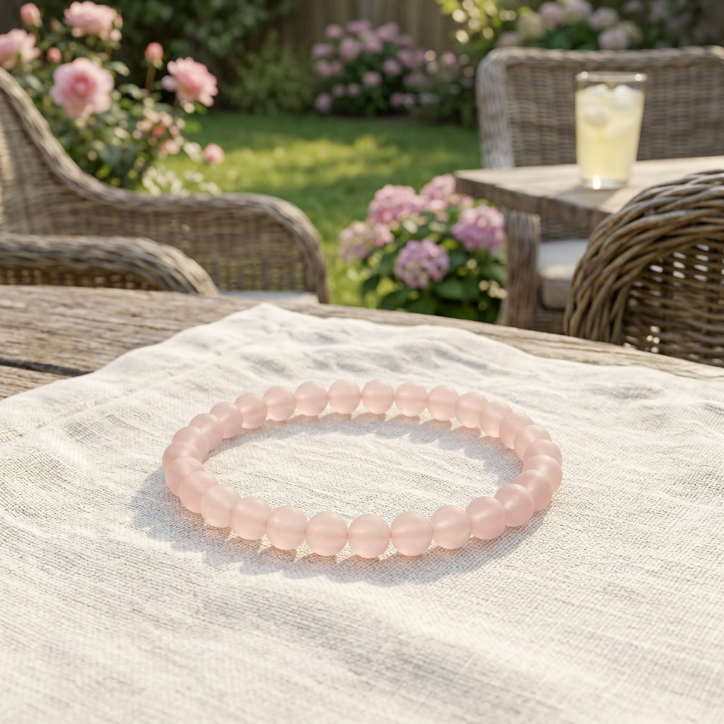 Matte Rose Quartz bracelet on a sunny garden patio table