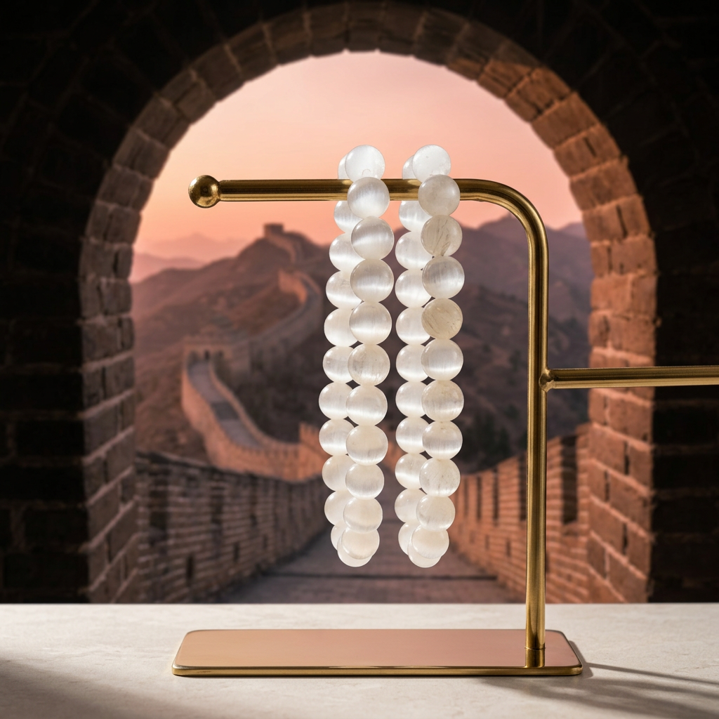Selenite bracelets with the Great Wall of China through a watchtower arch at sunset
