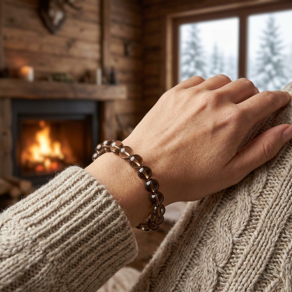 Smoky quartz bracelet worn with a knit sleeve beside a winter cabin fireplace