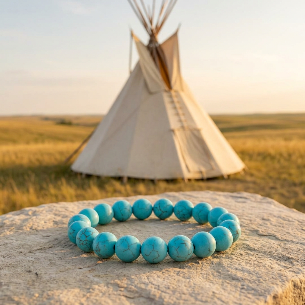 Turquoise bracelet with a plain cream canvas tipi background