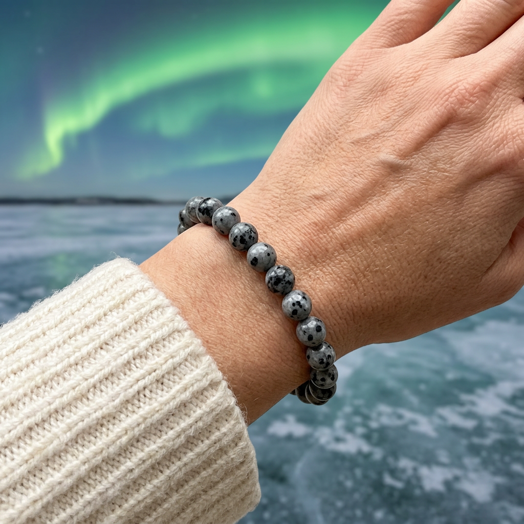 Grey bracelet with black spots worn beside a frozen lake beneath an aurora