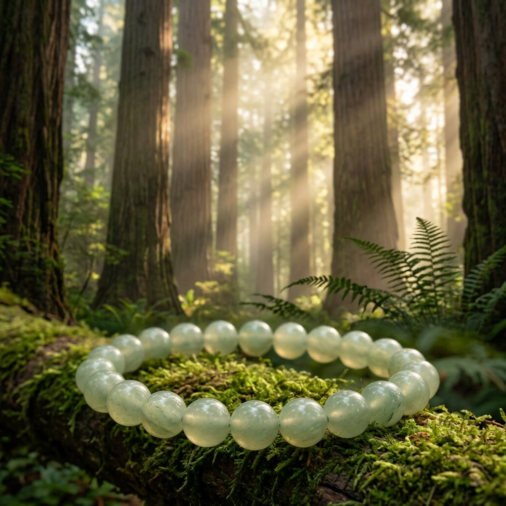 Green Aventurine bracelet beneath towering redwoods with golden sunbeams